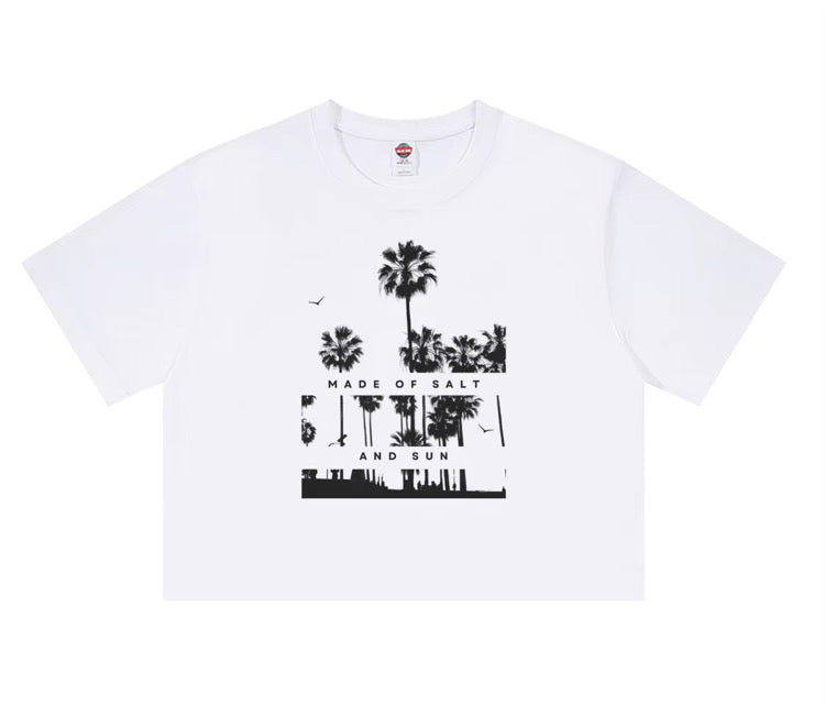 Made of Salt and Sun Crop Tee – Palm tree beach graphic, Saltie Sunn