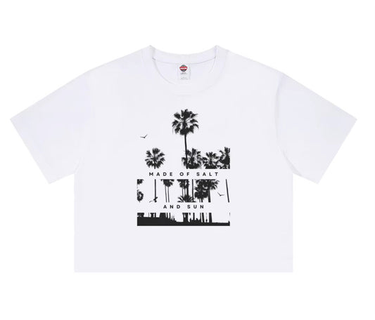Made of Salt and Sun Crop Tee – Palm tree beach graphic, Saltie Sunn
