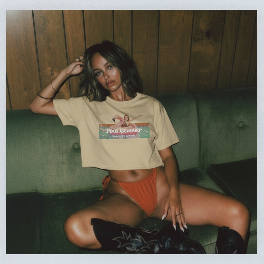 Cream t-shirt with a “Pool Chaser: Looking to Get Wet” graphic featuring a woman on a pink flamingo pool float.