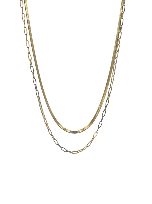 Paperclip and Herringbone chains layered necklace set, 18k gold-filled, waterproof, by Saltie Sunn